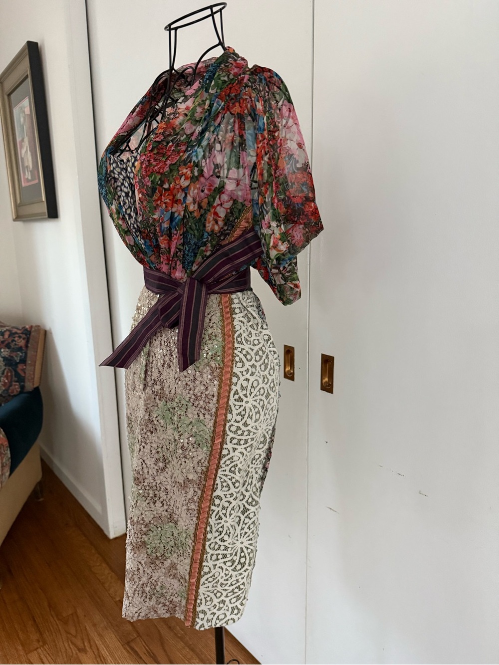 Byron Lars Floral Wrap Tie-Waist Midi Dress in Multi-Color & Multi-Texture Sz 0 - Picture 4 of 15